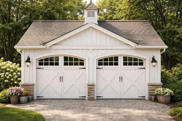 Luxury White Farmhouse Garage Doors with Custom Window Panes