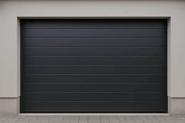 Minimalist matte black sectional garage door with a modern flat panel design.