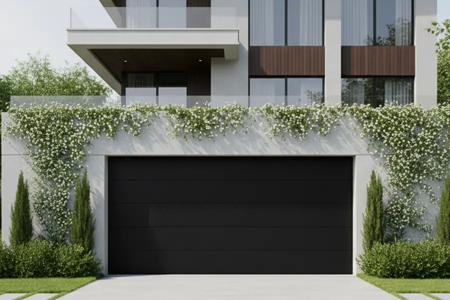 Minimalist black aluminum garage door framed by lush green climbing plants on a white wall.