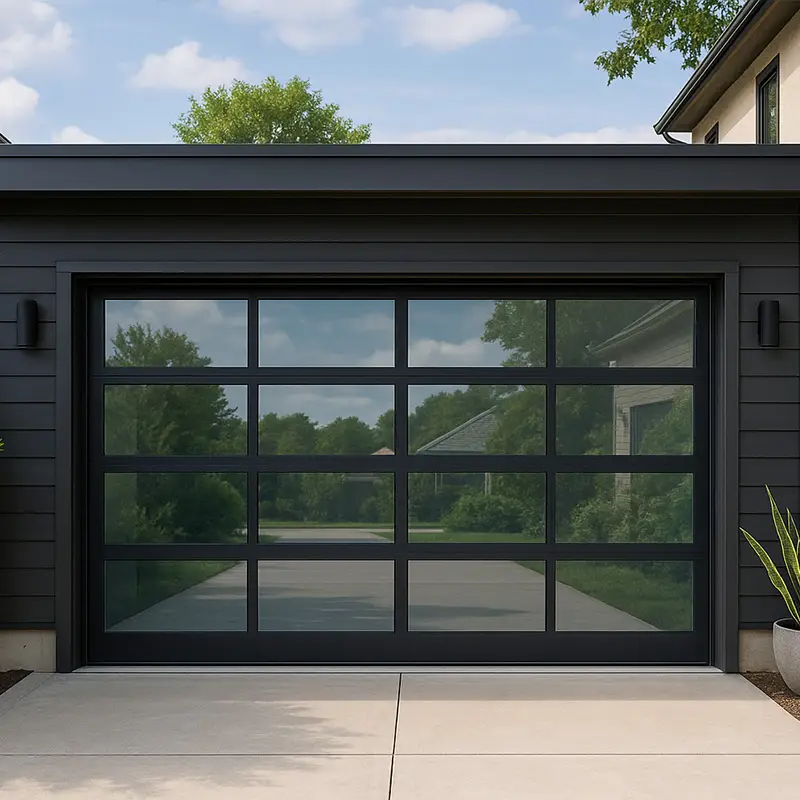 Modern black aluminum full-view glass garage door installed in a residential driveway.