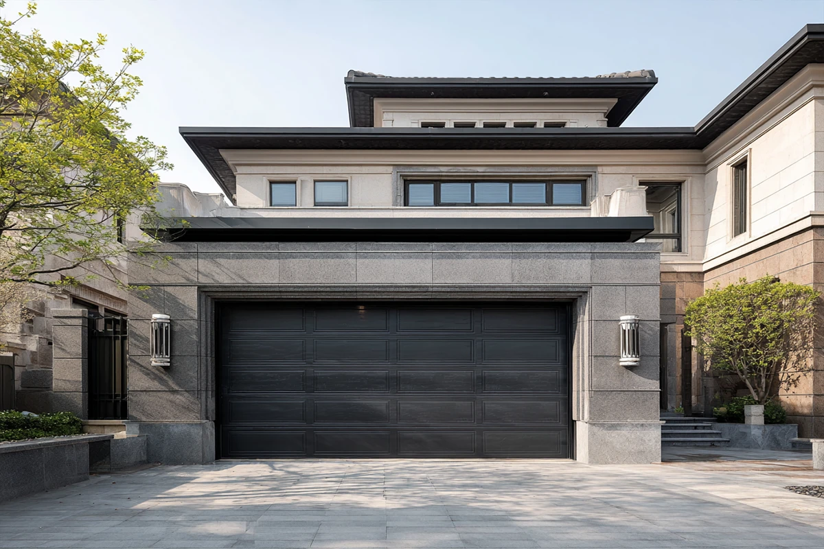 Modern black flush panel garage door installed on a luxury grey stone villa, showcasing minimalist architectural style and high-end curb appeal.