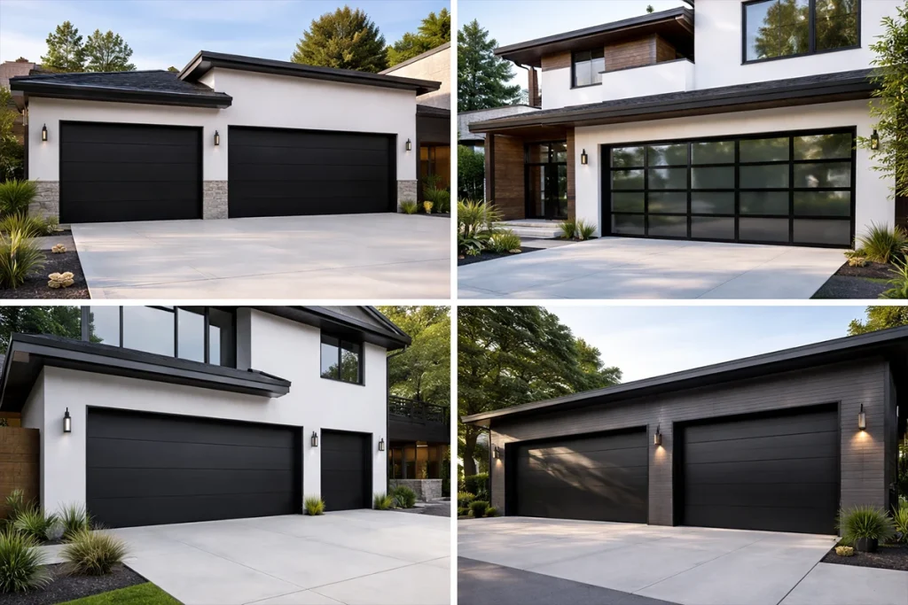 Various installation examples of modern black garage doors including full-view glass and insulated steel panel configurations.