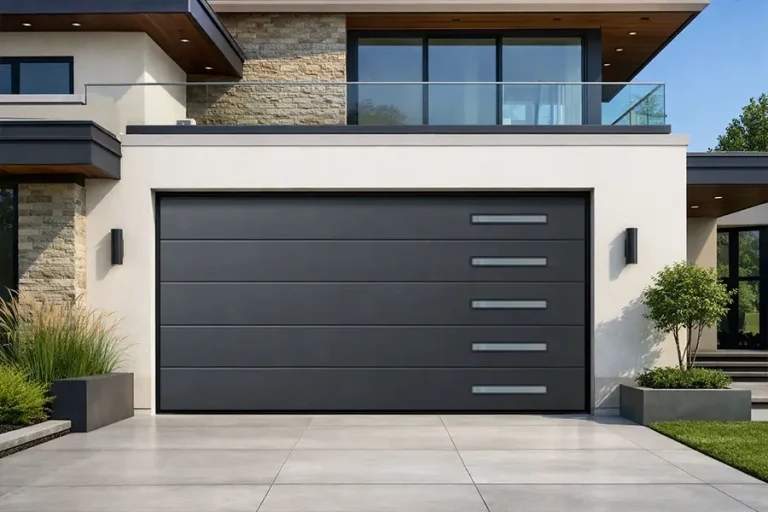 Modern black steel garage door with right-side vertical windows