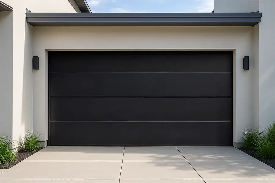 Modern minimalist black garage door with sleek horizontal panels for contemporary homes