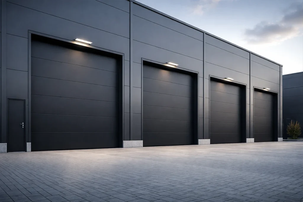 A row of modern black industrial garage doors installed at a commercial loading dock, balancing architectural aesthetics with logistics efficiency.