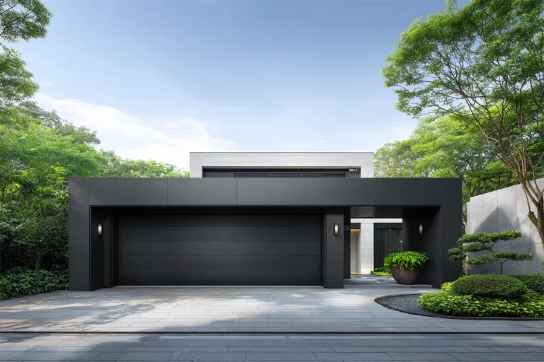 A sleek, modern commercial charcoal grey garage door with flush panels, manufactured by ABX to elevate corporate facades and high-tech industrial facilities.