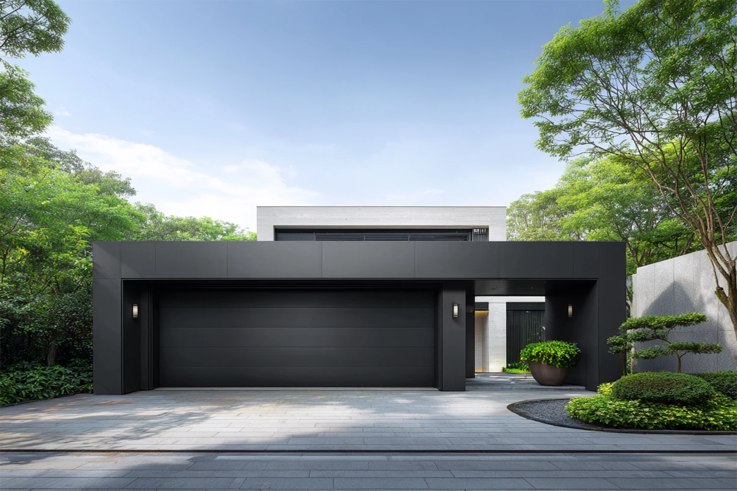 A sleek, modern commercial charcoal grey garage door with flush panels, manufactured by ABX to elevate corporate facades and high-tech industrial facilities.