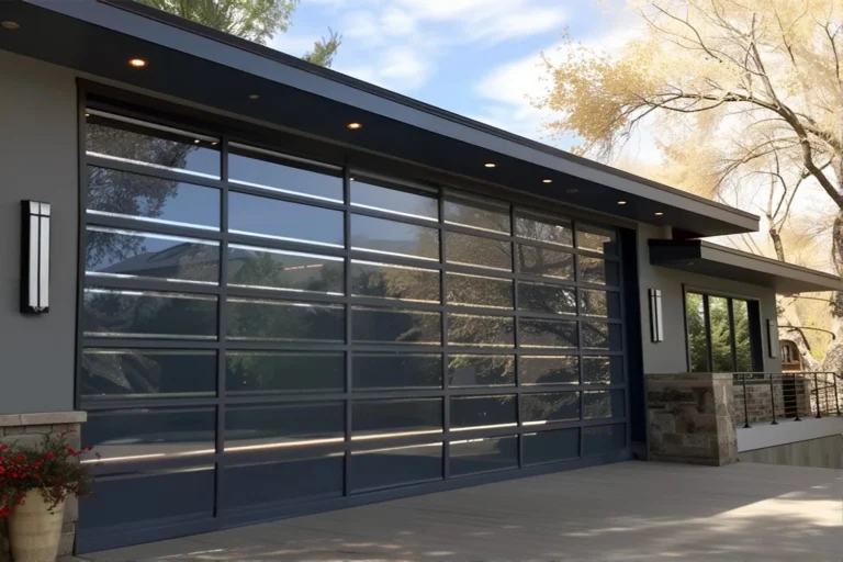 A wide, modern commercial sectional garage bay door with transparent panels, showcasing ABX's customizable heavy-duty sectional door solutions for commercial projects.