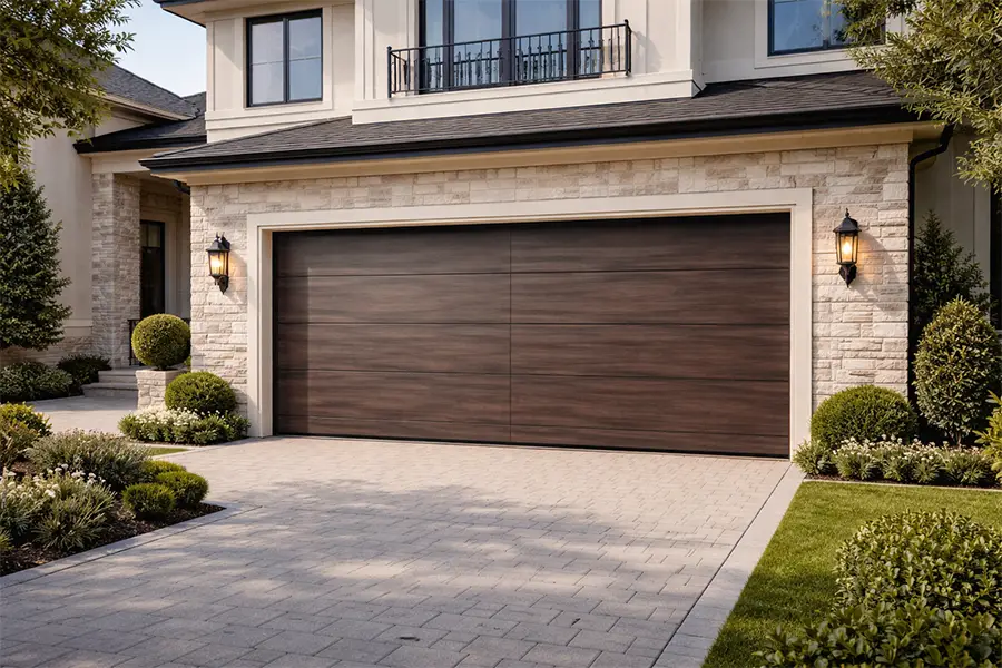 Modern dark faux wood steel garage door with flush panel design installed on a luxury commercial facility facade.