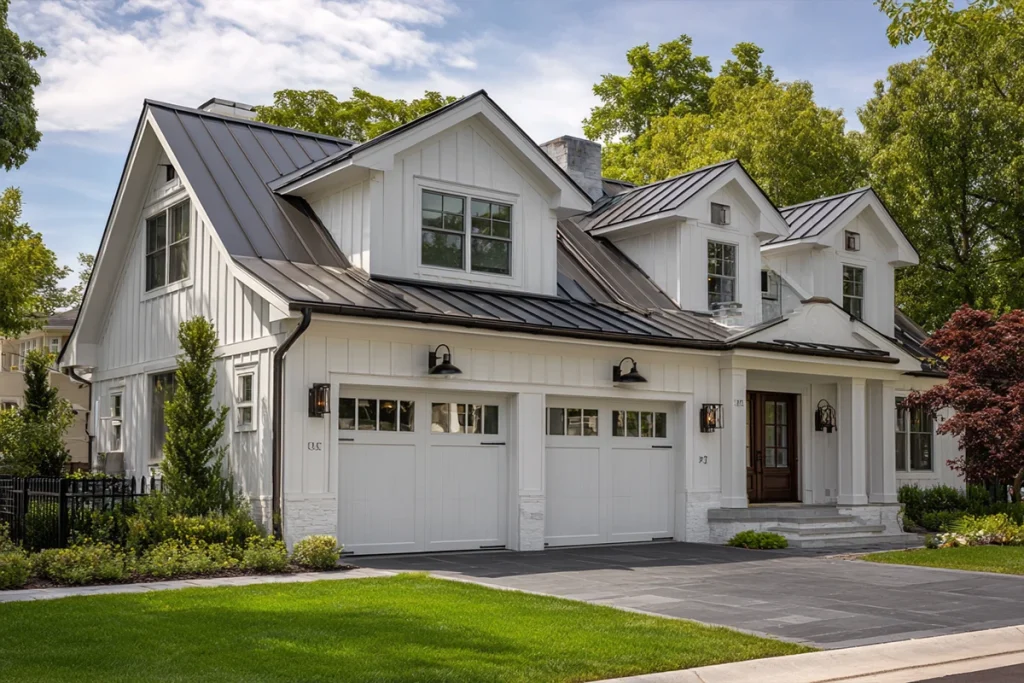 Two white carriage-style garage doors on a modern farmhouse residence with a black metal roof and stone accents.