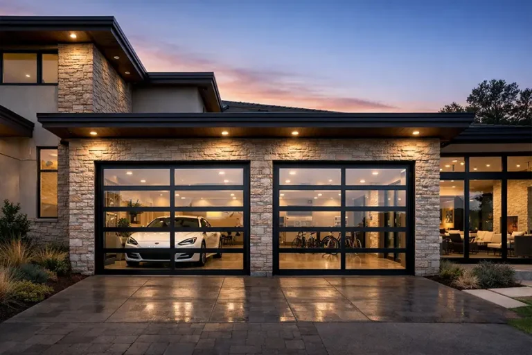 Modern full view glass garage door with black aluminum frame and clear tempered glass, luxury villa garage.