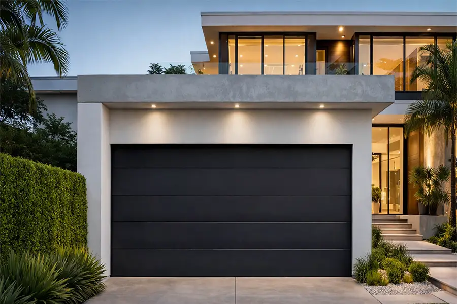 Black flush panel garage door illuminated by warm LED soffit lighting at dusk for a modern home.
