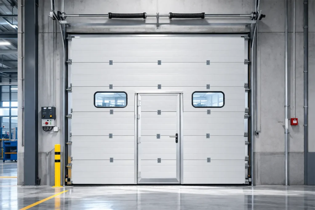 Heavy-duty modern garage door equipped with a central pedestrian wicket door, vision panels, and a robust torsion spring system for industrial use.