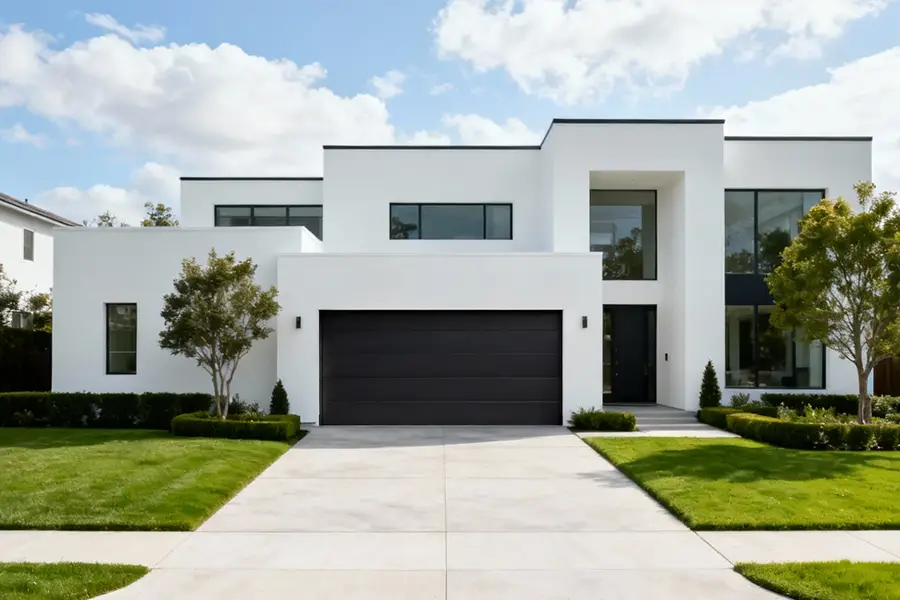 Modern white villa featuring a black horizontal sectional garage door and minimalist landscaping.