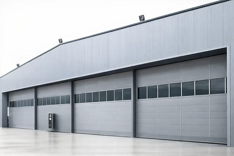 Large multi-panel aircraft hangar doors featuring integrated vision panels for natural lighting and operational safety.