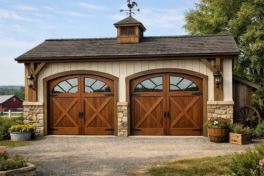 Natural Wood Farmhouse Garage Doors with Arched Windows and Stone Trim