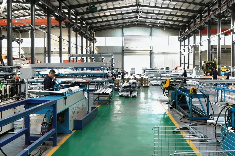 Worker operating advanced roll-forming machinery inside ABX's 36,000 sqm intelligent manufacturing base for OEM industrial doors.