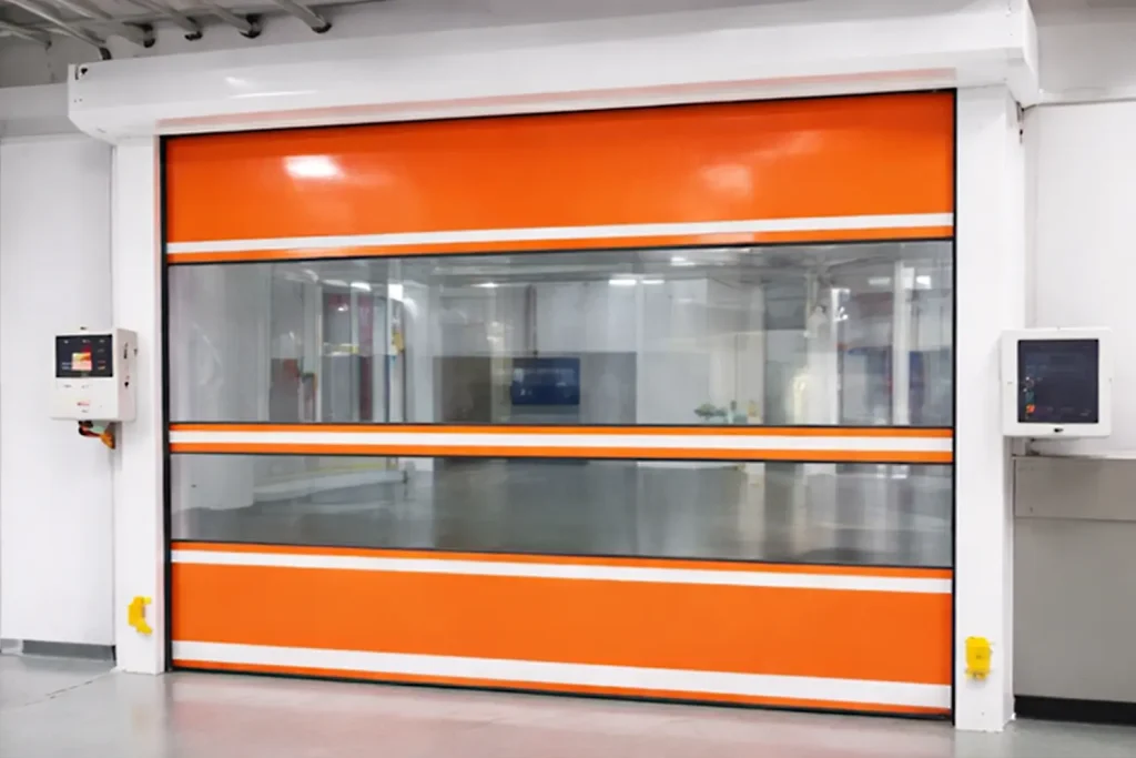 Orange cleanroom roll-up door with advanced interlocking control systems, ensuring differential pressure cascading for sensitive manufacturing zones.
