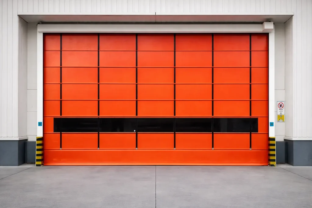 High-visibility orange high-speed stacking door equipped with protective safety bollards, installed on a facility exterior to manage heavy-duty material handling.
