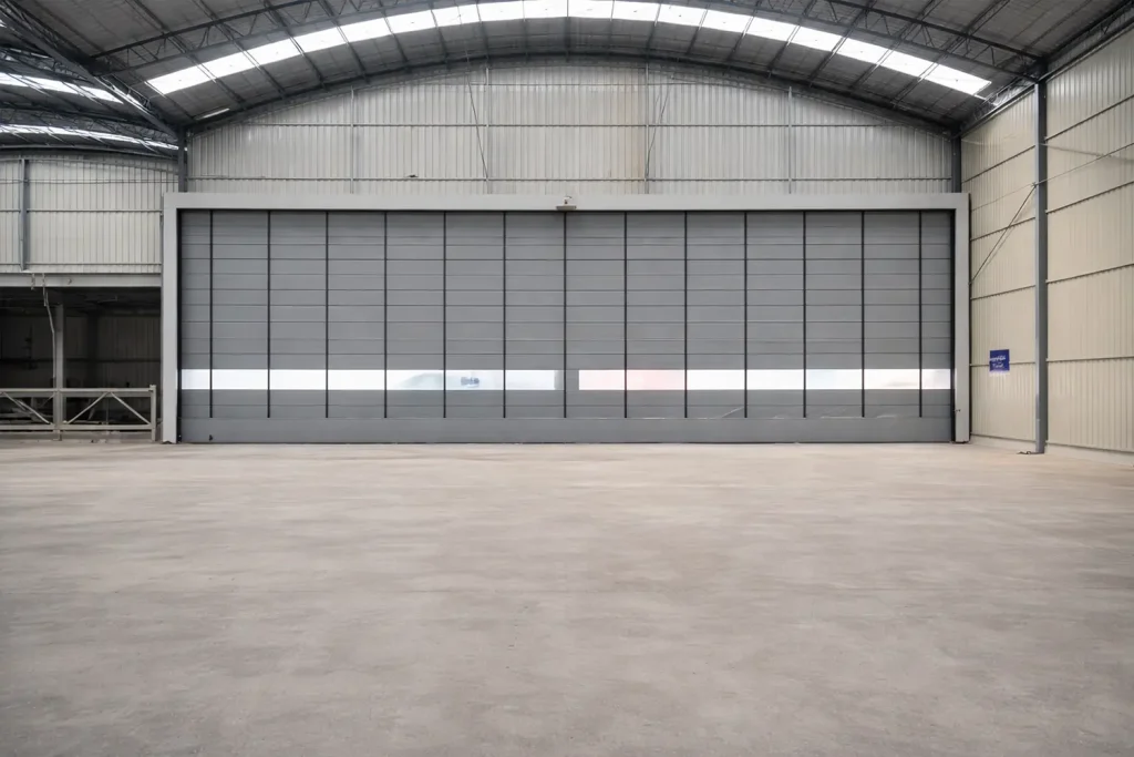 Oversized grey high-speed stacking door with a continuous horizontal vision panel and multiple lifting straps, installed in a large-scale industrial warehouse for wind-resistant logistics access.