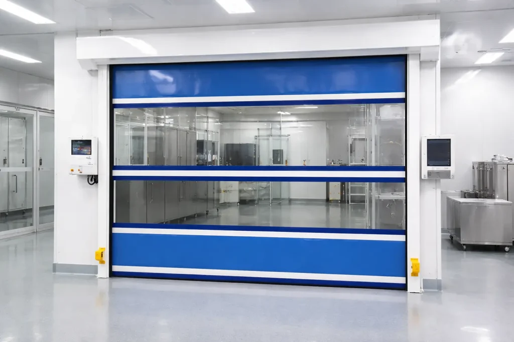Pharmaceutical high-speed door featuring a large transparent vision panel, maintaining strict ISO airlock integrity in an aseptic processing environment.
