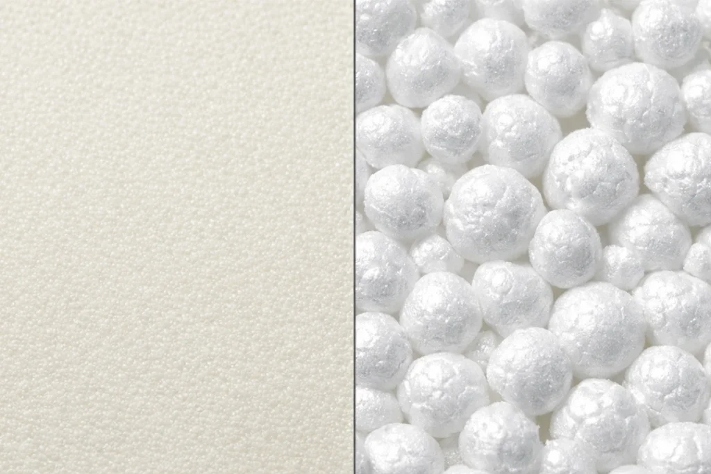 Microscopic density comparison between high-performance Polyurethane (PU) foam and standard Polystyrene (EPS) beads for industrial door insulation.