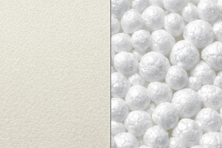 Microscopic density comparison between high-performance Polyurethane (PU) foam and standard Polystyrene (EPS) beads for industrial door insulation.