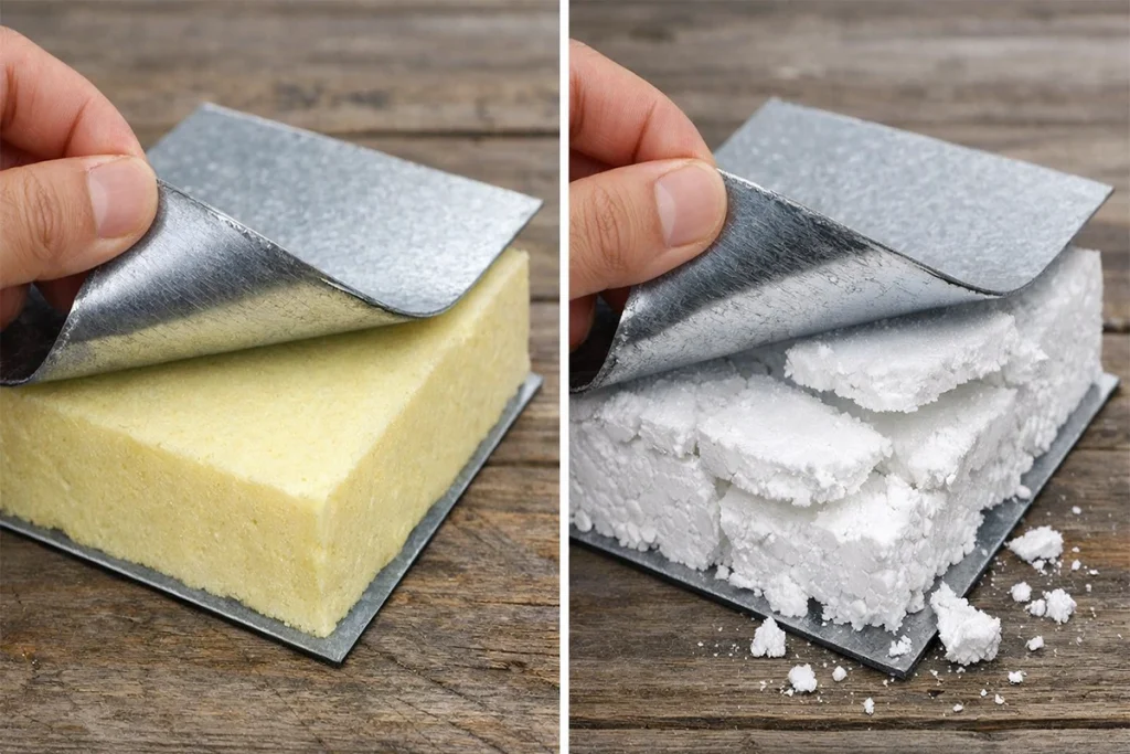 Structural bonding test showing superior integration of Polyurethane (PU) foam with steel skin versus the delamination and crumbling of Polystyrene (EPS).
