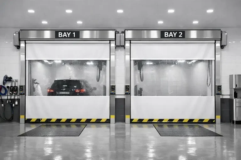 ABX high-speed white PVC partition doors installed in professional car wash bays (Bay 1 & Bay 2), featuring transparent vision panels and safety warning stripes for environmental containment.