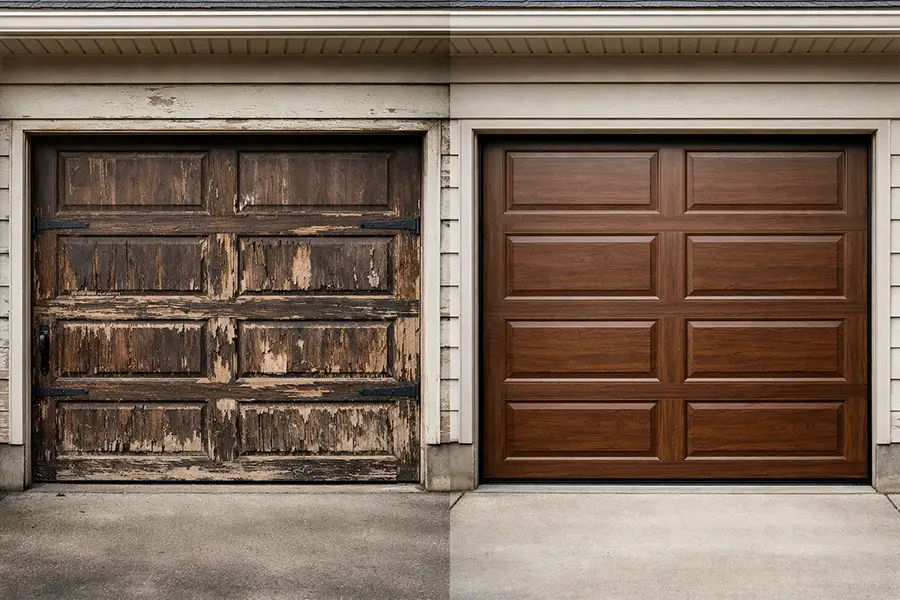 Visual comparison of a rotting real wood garage door versus a high-performance ABX faux wood steel door, highlighting long-term maintenance ROI.