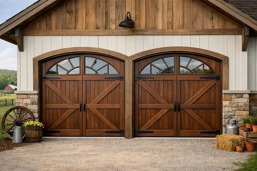 Rustic Brown Wood Garage Doors with Arched Top Window Inserts