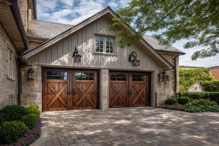 Rustic faux wood carriage house garage doors featuring an X-pattern overlay design and small vision panels on a natural stone exterior.
