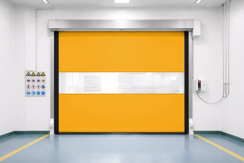 Self-recovery PVC high speed door featuring a wide horizontal vision window and servo control panel, integrated into a pharmaceutical facility.