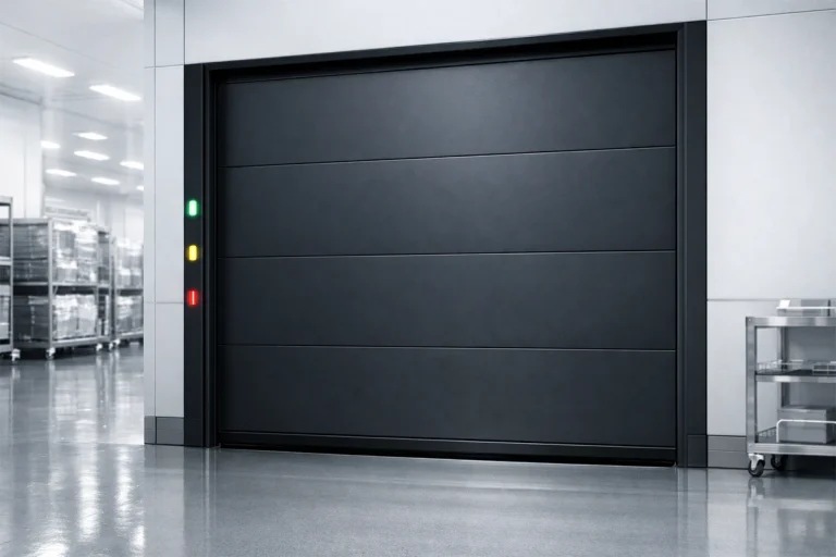 A sleek, black ABX high-speed silent industrial door installed in a modern clean-room facility, featuring integrated traffic lights and high-density insulated panels to eliminate mechanical noise and energy loss.