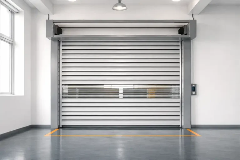 Silver aluminum hard fast door with transparent slats for enhanced visibility in high-traffic logistics environments.