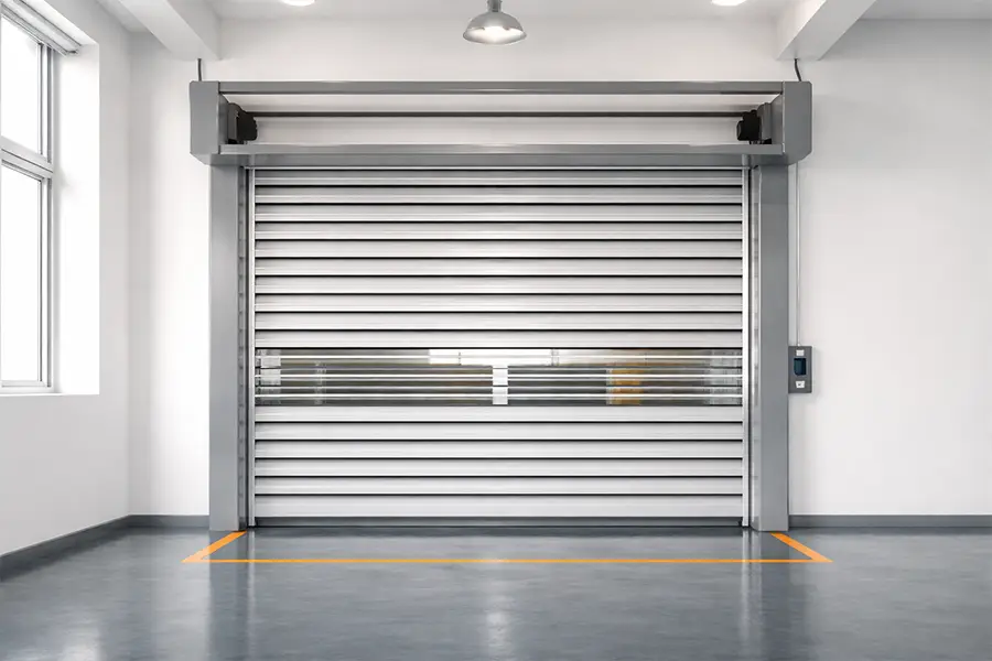 Silver aluminum hard fast door with transparent slats for enhanced visibility in high-traffic logistics environments.