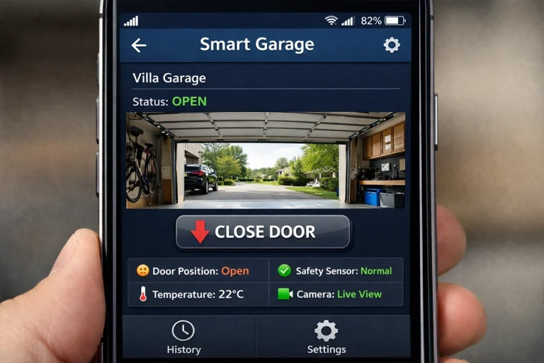 Smartphone app interface for smart garage door monitoring and remote access.