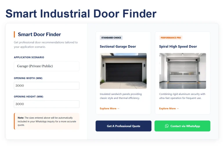 The ABX Smart Industrial Door Finder interface, allowing builders to input dimensions and instantly receive tailored commercial sectional and high-speed door recommendations.