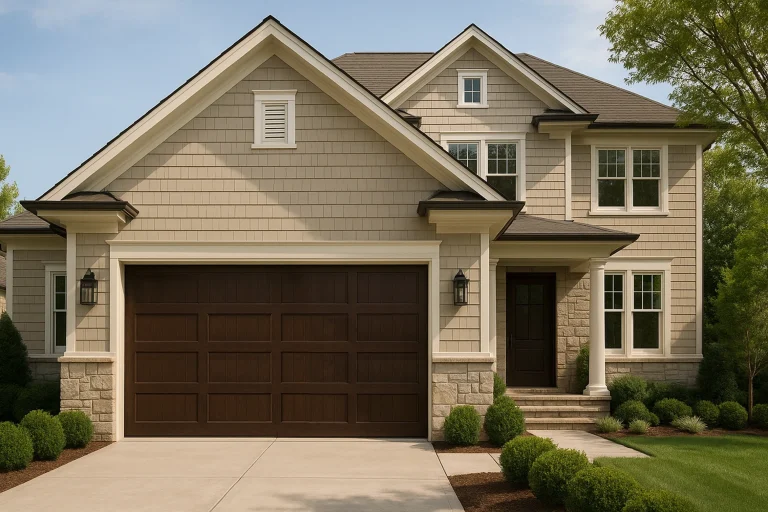 A premium development project featuring ABX heavy-duty steel garage doors that look like dark wood, showcasing a unified custom facade where the garage and front doors perfectly match.