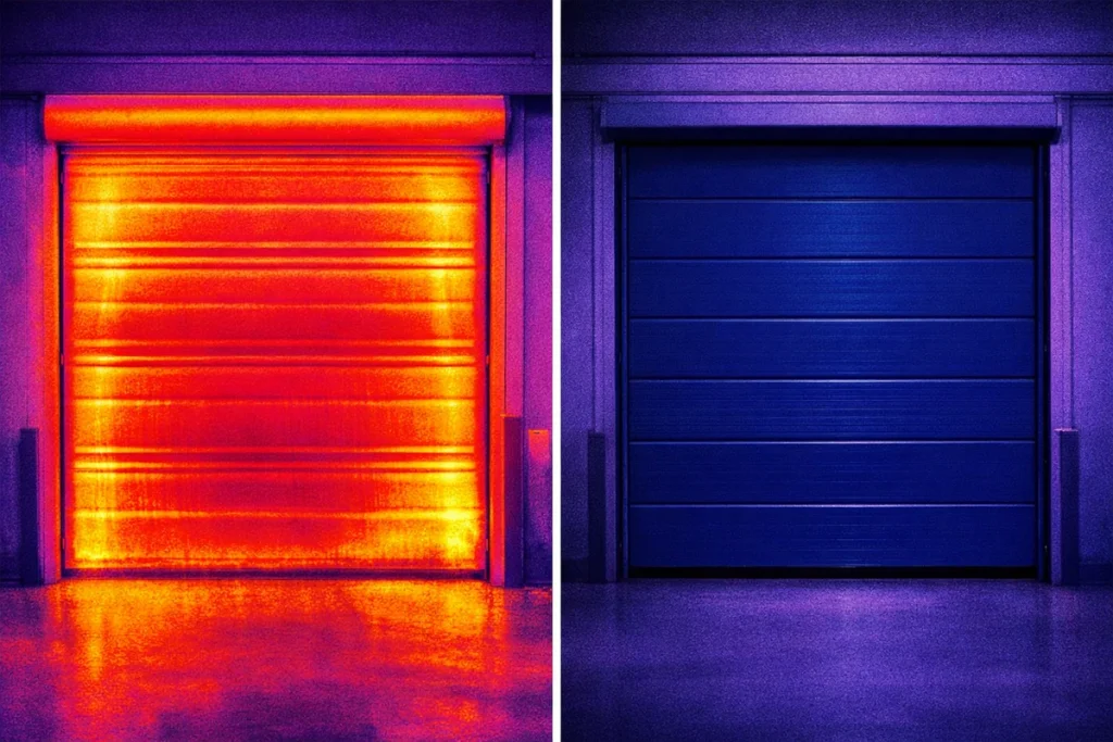 Thermal imaging comparison showing massive heat loss through a standard sectional door (left) versus the superior energy-saving performance of an ABX high-speed thermal insulated door (right).