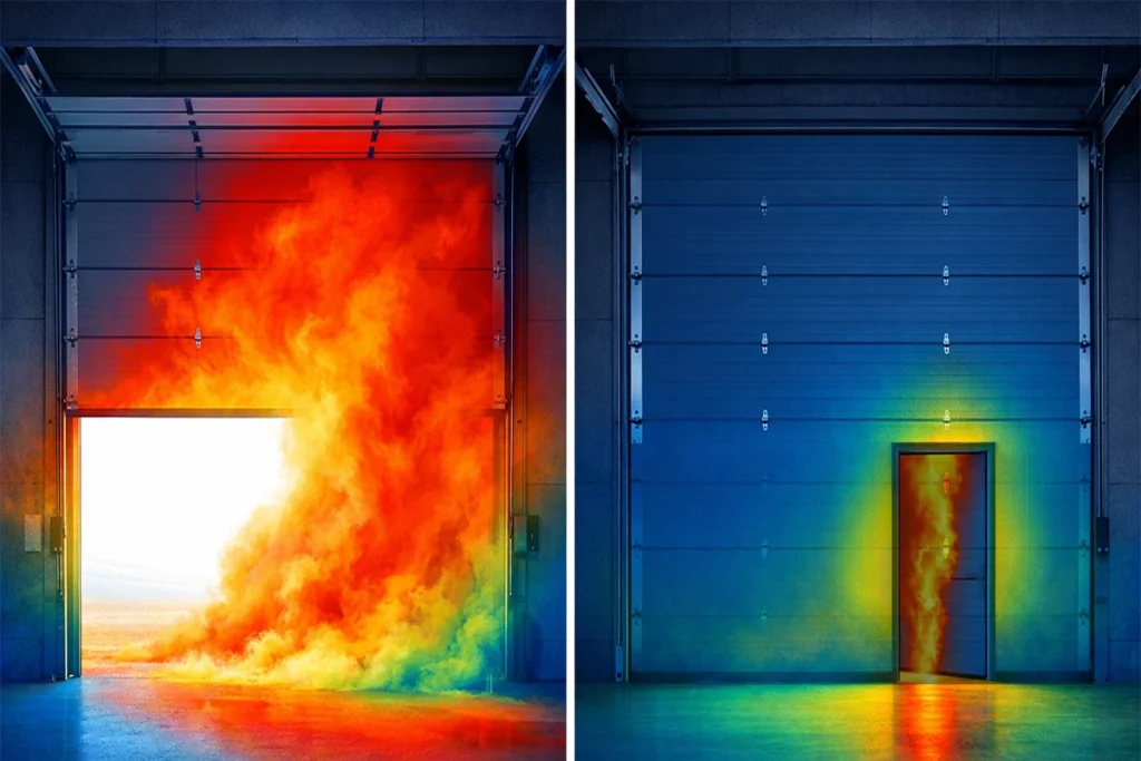 Thermal imaging comparison showing massive heat loss through a full open shutter versus optimized energy retention using a wicket door.