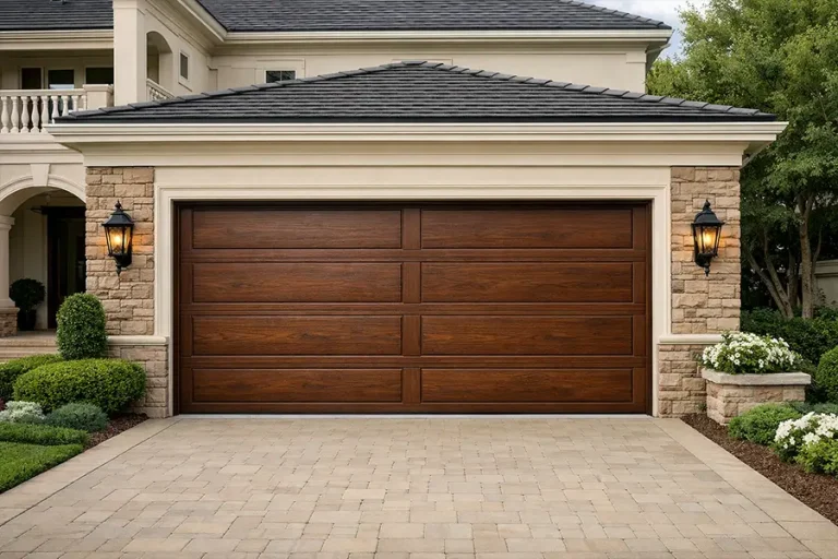 Traditional carriage house style wood-look steel garage door showcasing rich texture and industrial-grade structural durability.