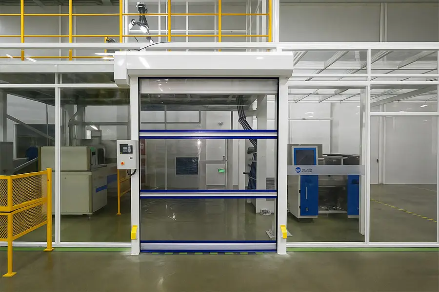 Transparent high speed PVC spiral door used for cleanroom or factory partition.
