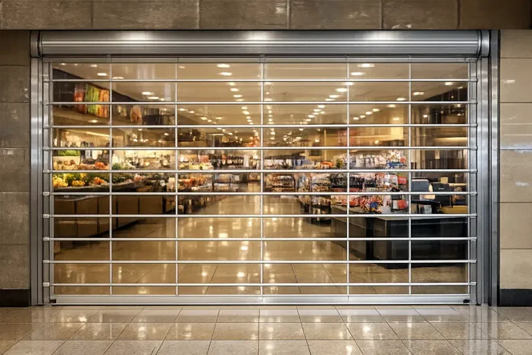Transparent roller shutters for supermarket security, keeping interior merchandise visible after hours.