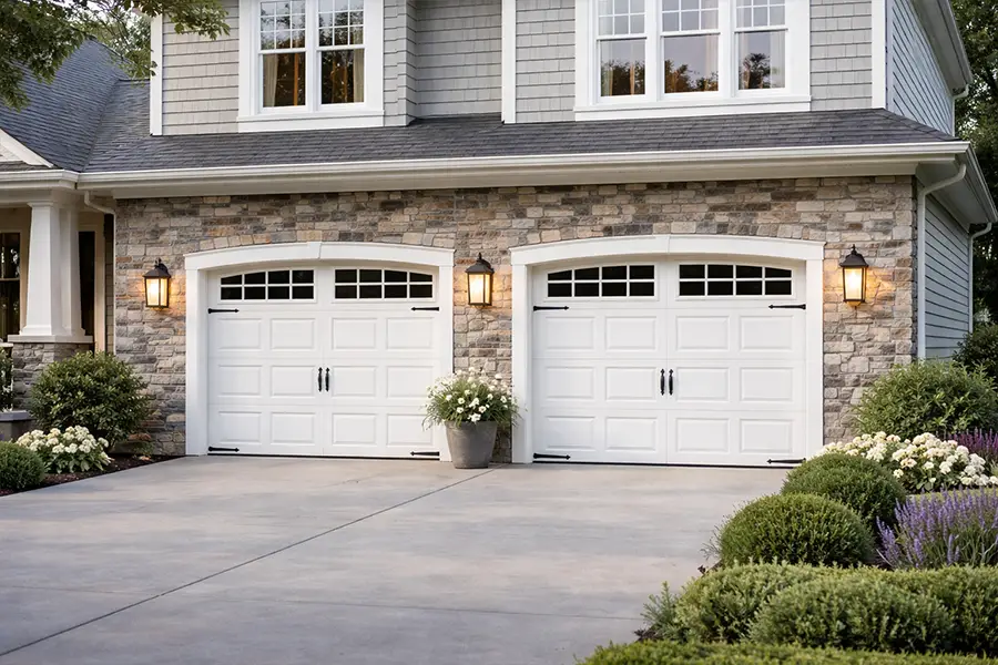 Triple white short panel steel garage doors for a spacious multi-car residential garage.