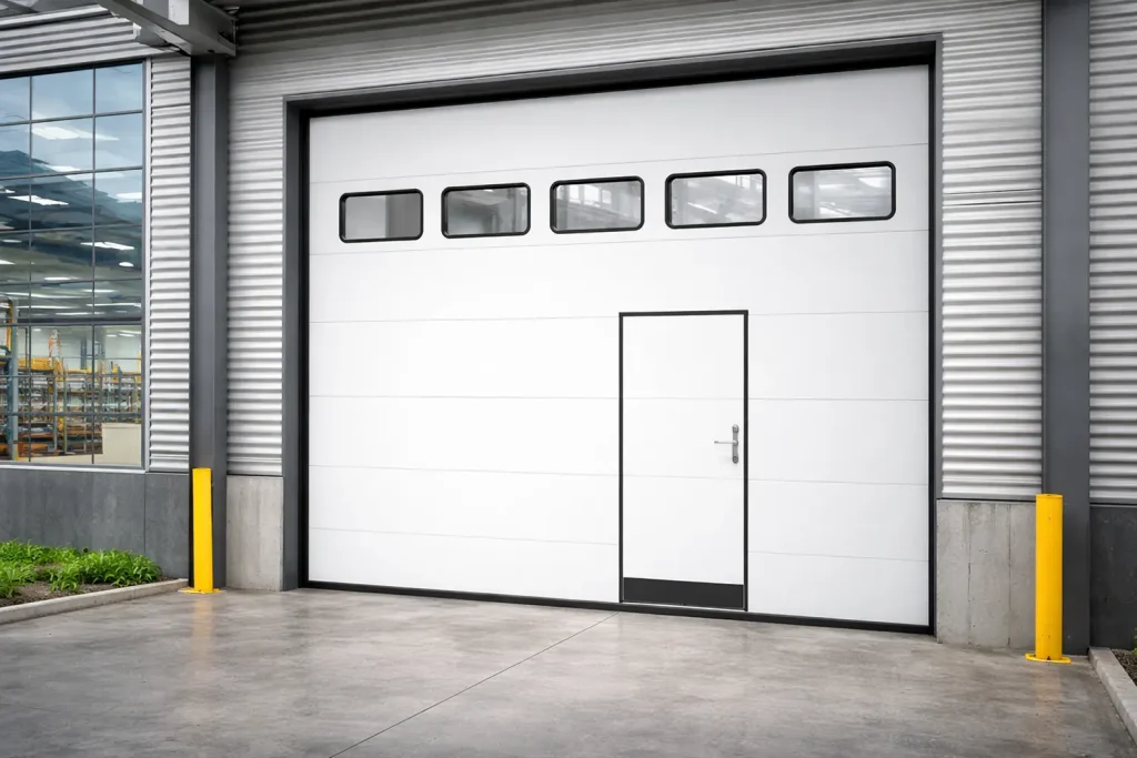 Insulated industrial sectional door with a wicket door and vision panels installed in a warehouse, protected by yellow safety bollards.