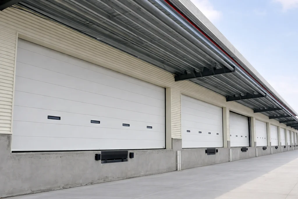 Perspective view of multiple insulated modern sectional garage doors with vision panels at a warehouse loading dock