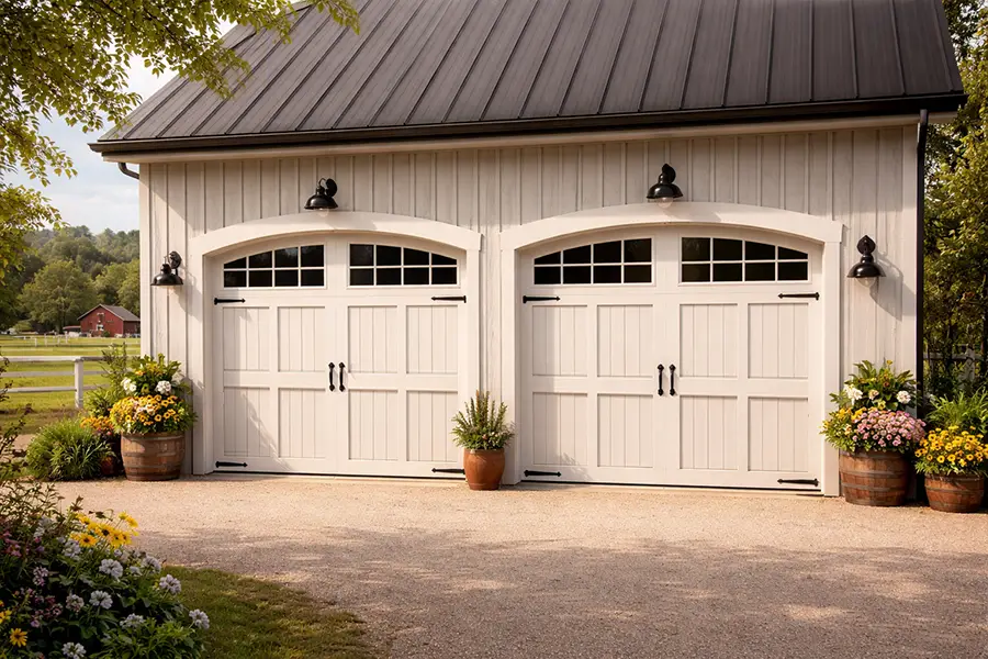 White Carriage House Style Garage Doors with Arched Windows
