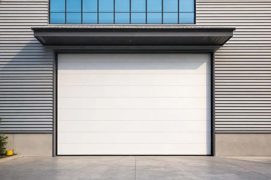 White commercial insulated sandwich door with high-density polyurethane core for industrial warehouse energy efficiency.