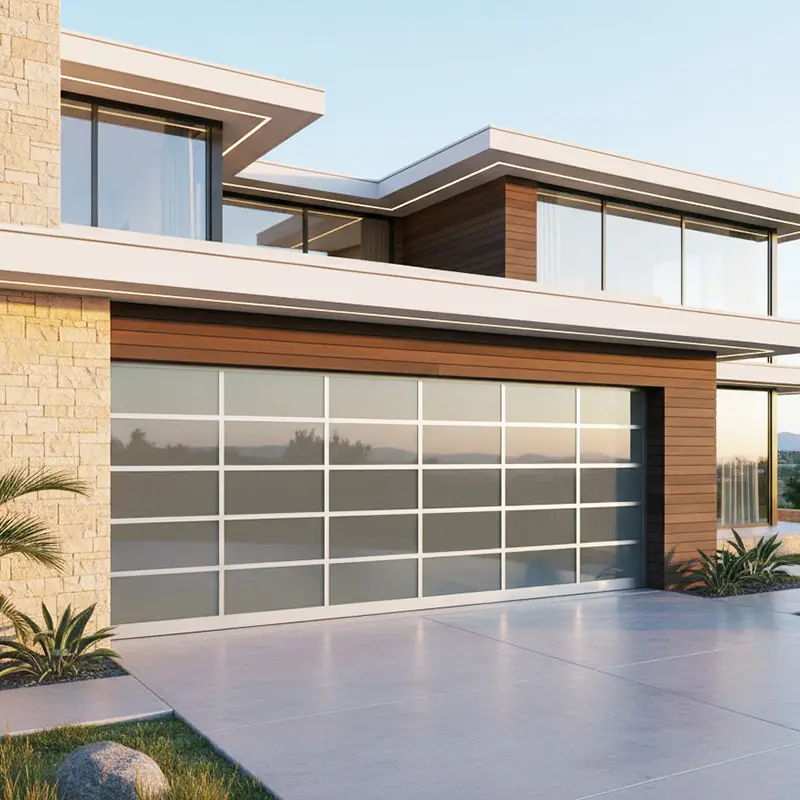 Contemporary white frame aluminum glass sectional garage door on a luxury modern home.